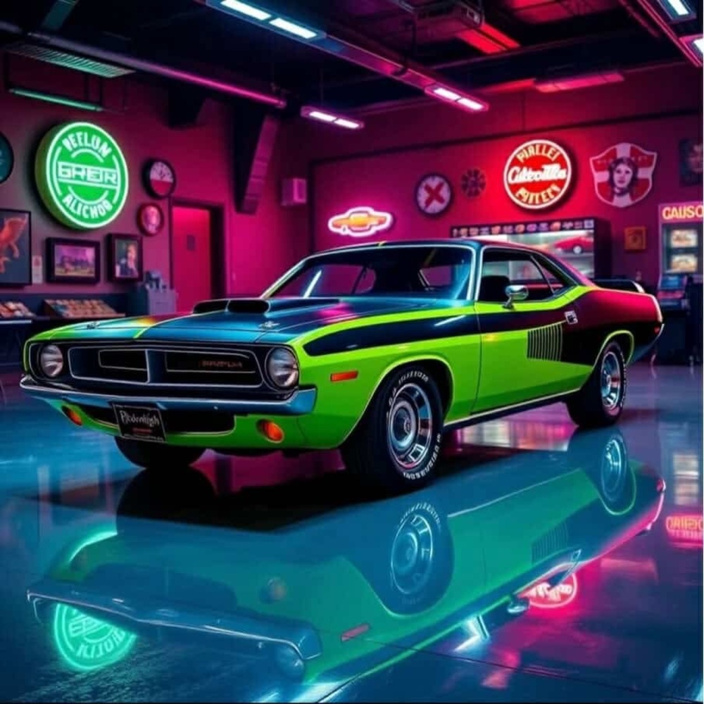 Vibrant Green and Blue Muscle Car Sun Catcher